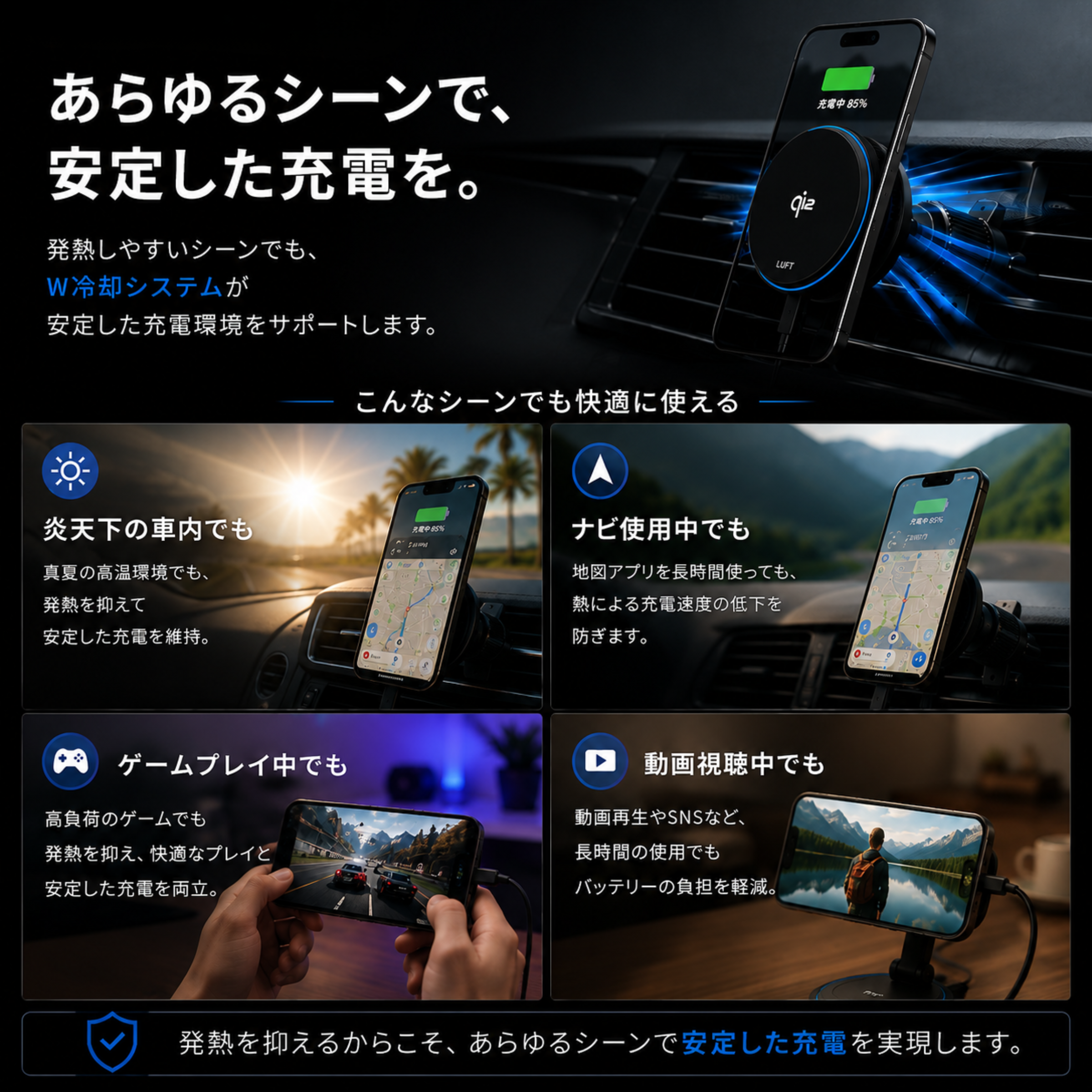 LUFT Qi2対応 ワイヤレスカーチャージャー｜ペルチェ冷却・MagSafe対応・15W急速充電